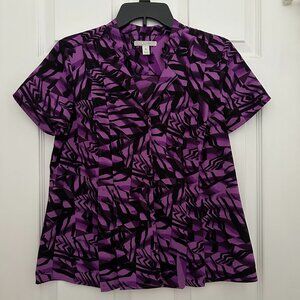Dana Buchman Purple & Black Abstract Print Short Sleeve Button Down Blouse